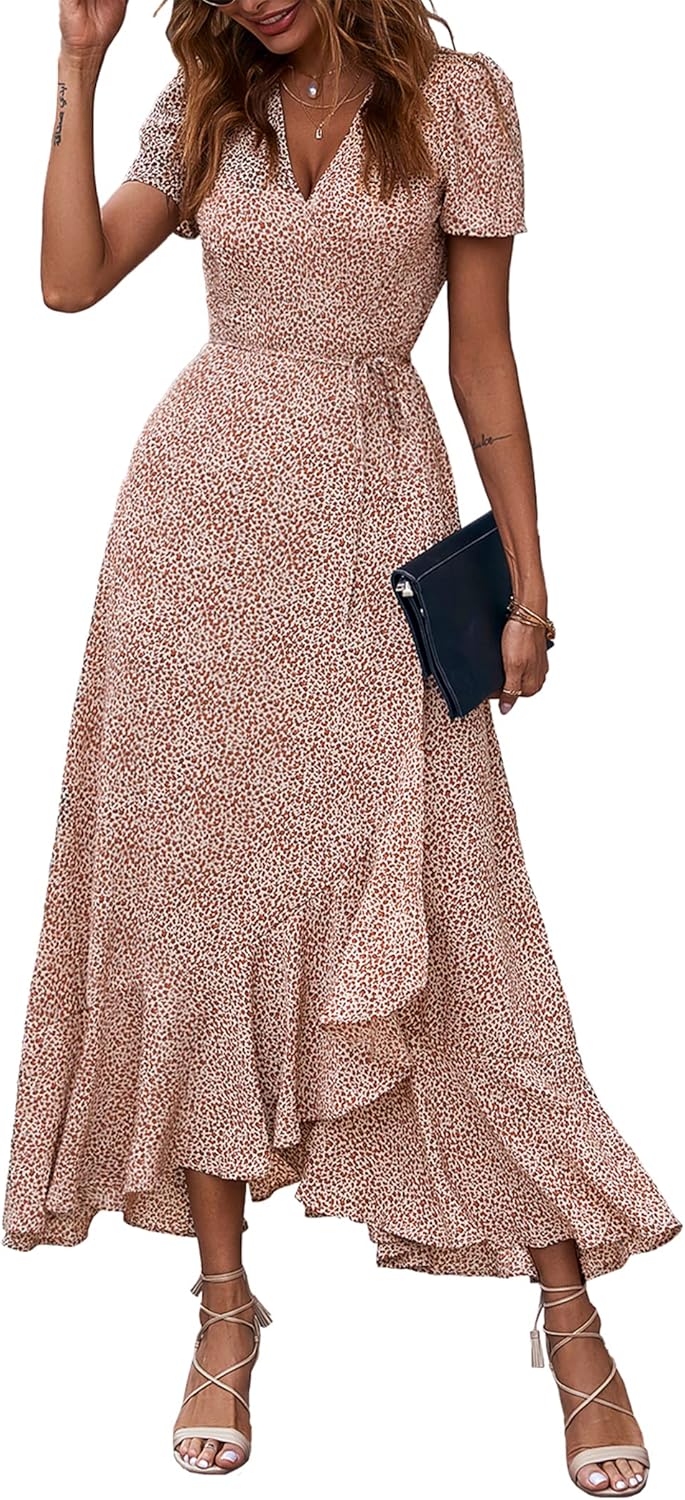 PRETTYGARDEN Women's Summer Wrap Maxi Dress Casual Short Sleeve Floral Boho V Neck Split Ruffle Beach Long Dresses