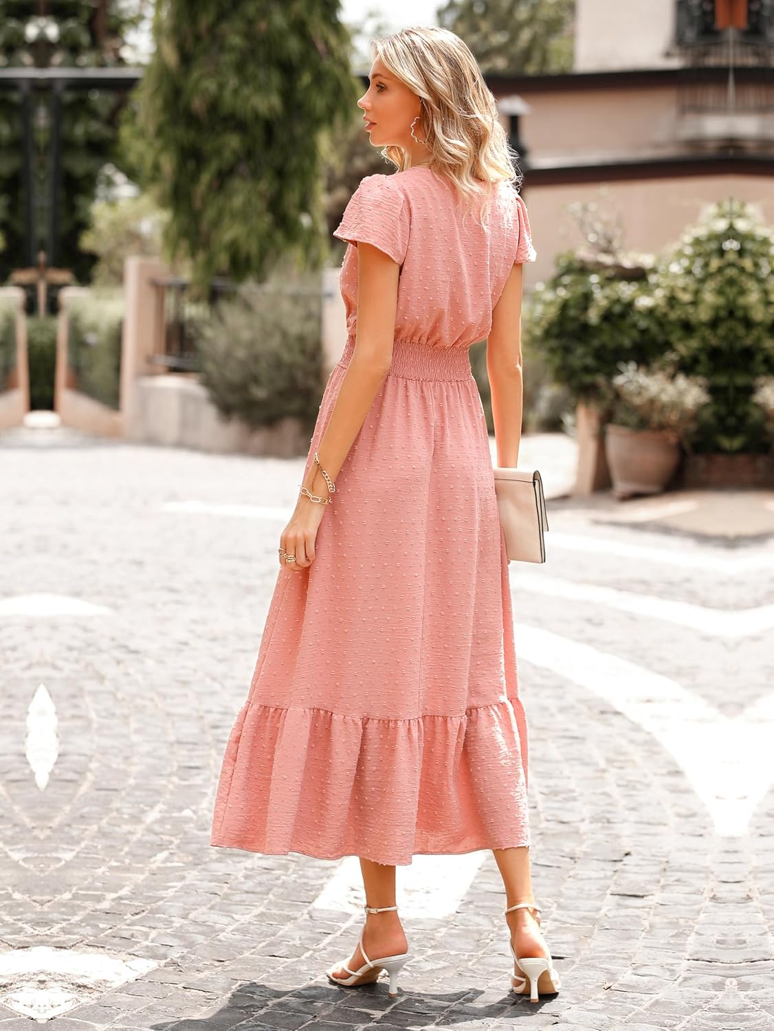 PRETTYGARDEN Womens Dresses 2025 Summer Maxi Dress Boho Short Sleeve V Neck Swiss Dot Ruffle Tiered Smocked Flowy Long Dress