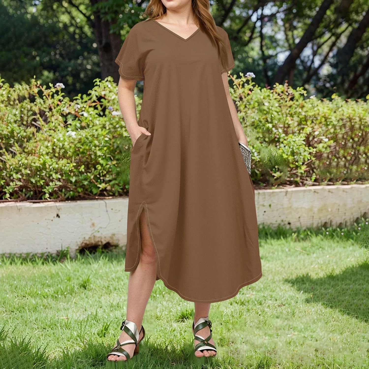 Maxi Dresses for Women 2025 Plus Size Tie Dye V Neck Dress Short Sleeve Side Split Beach Summer Sundress with Pocket
