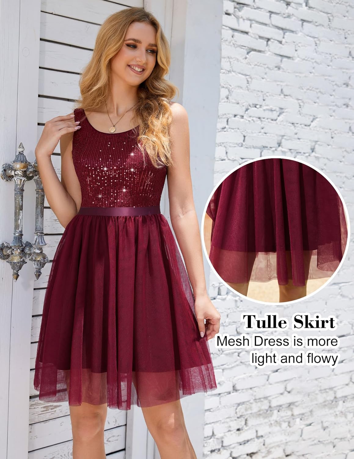 BeryLove Sequin Dress for Woman Vintage A Line Wedding Formal Swing Mesh Dress Sleeveless Cocktail Maxi Gowns