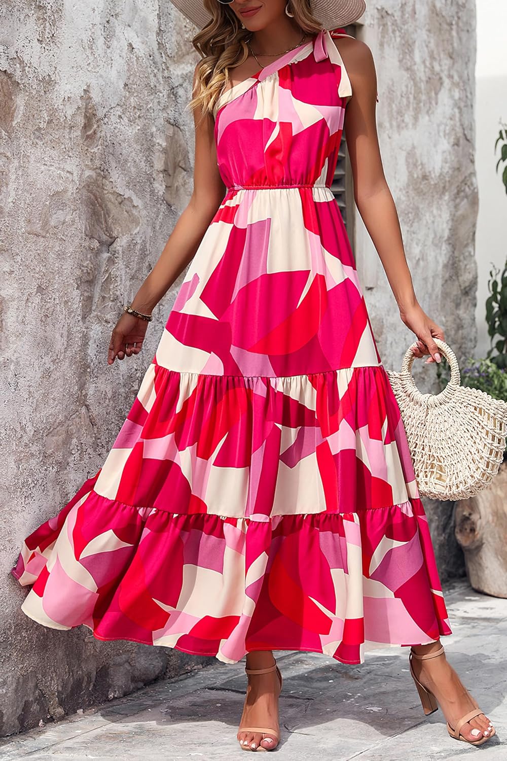 PRETTYGARDEN Women's Summer Floral Maxi Dress Knot One Shoulder Sleeveless Ruffle Flowy Boho Beach Wedding Guest Dresses