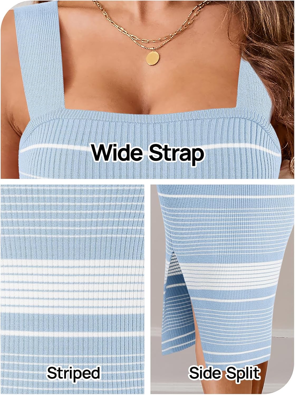 MEROKEETY Women's 2025 Summer Spring Bodycon Midi Dress Vacation Sleeveless Ribbed Knit Striped Party Sweater Dresses