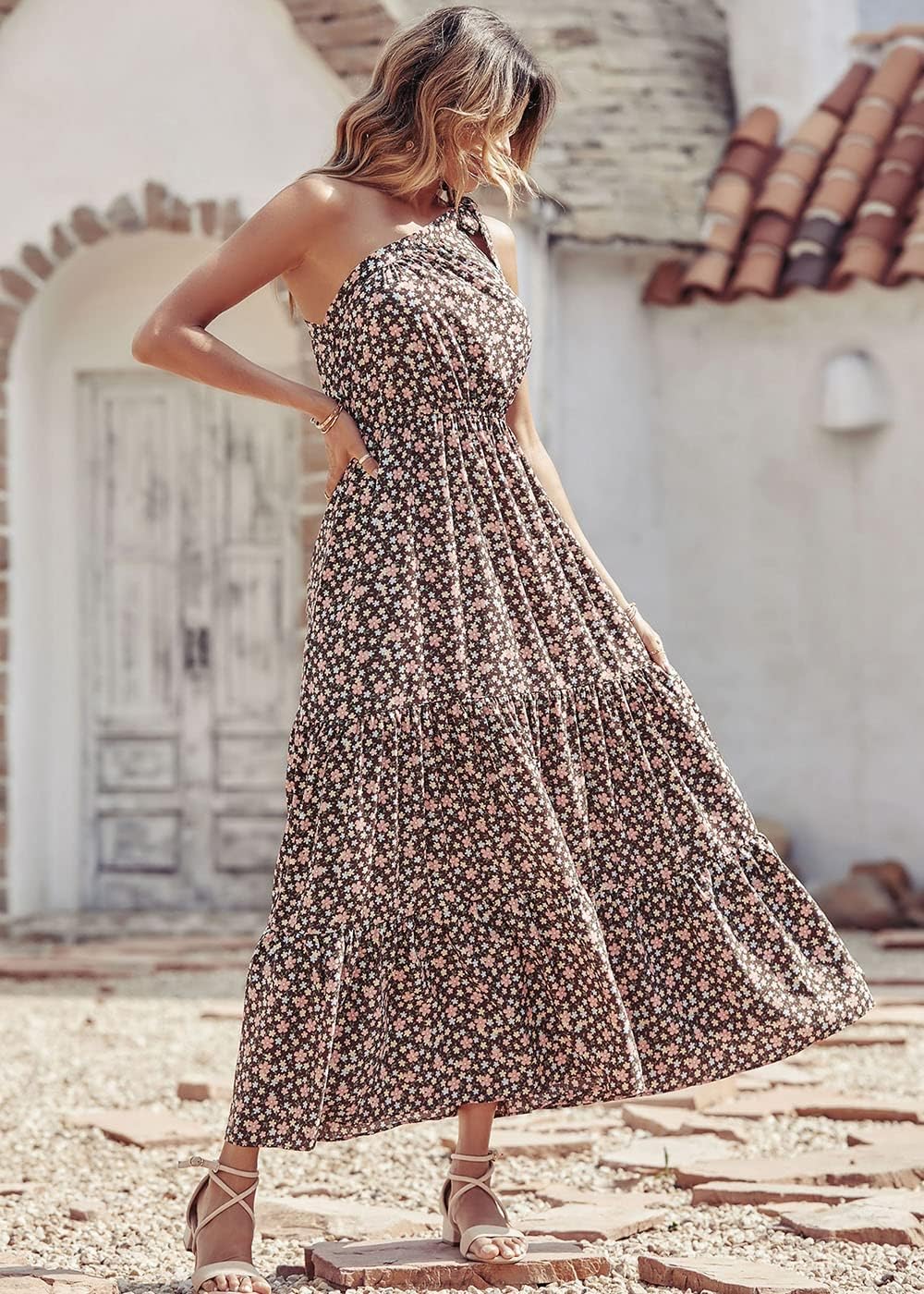 PRETTYGARDEN Women's Summer Floral Maxi Dress Knot One Shoulder Sleeveless Ruffle Flowy Boho Beach Wedding Guest Dresses