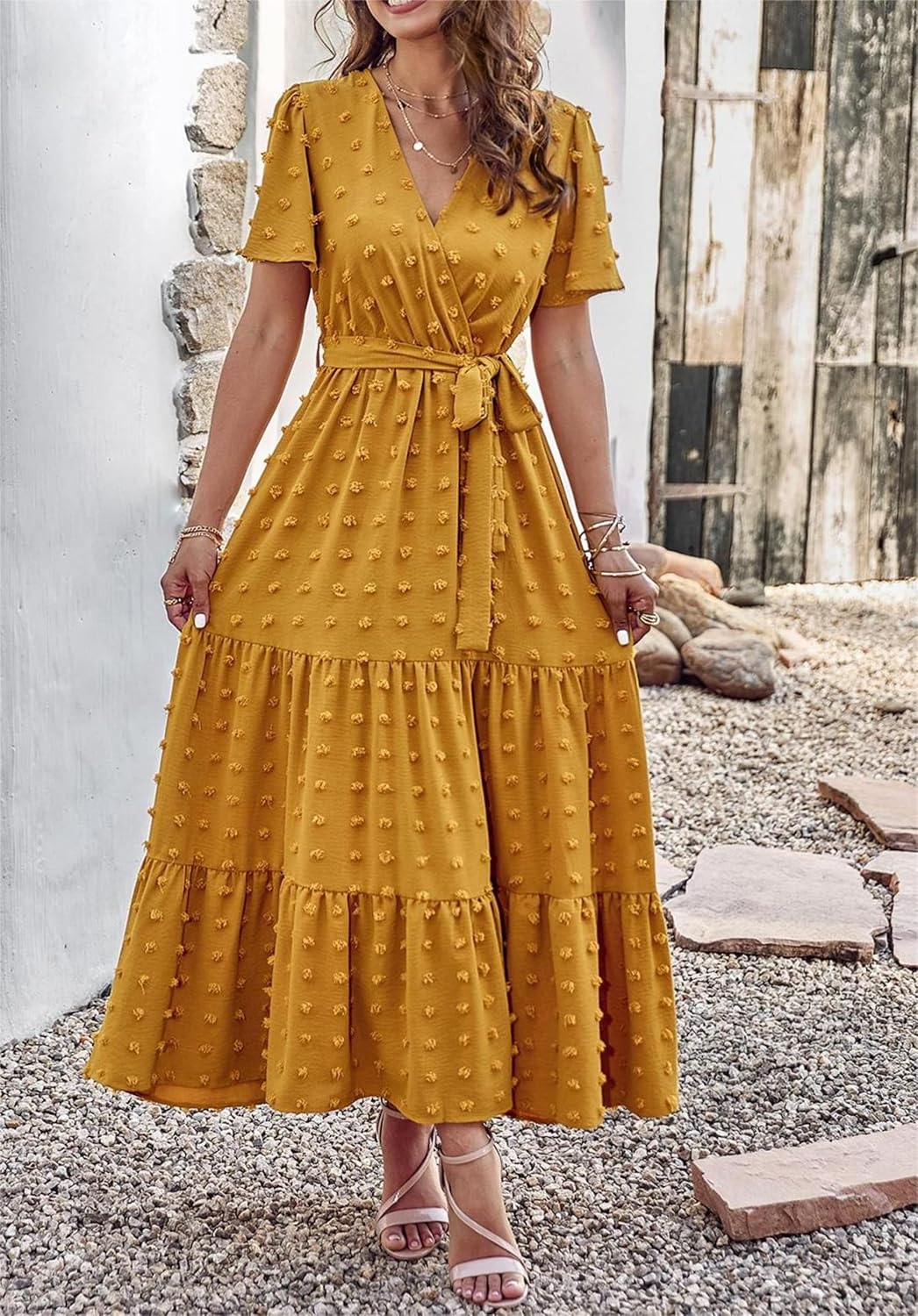 MASCOMODA Womens Boho Swiss Dot Maxi Dresses Wrap V Neck Flutter Short Sleeve Solid Tie Belt A Line Tiered Flowy Long Dress