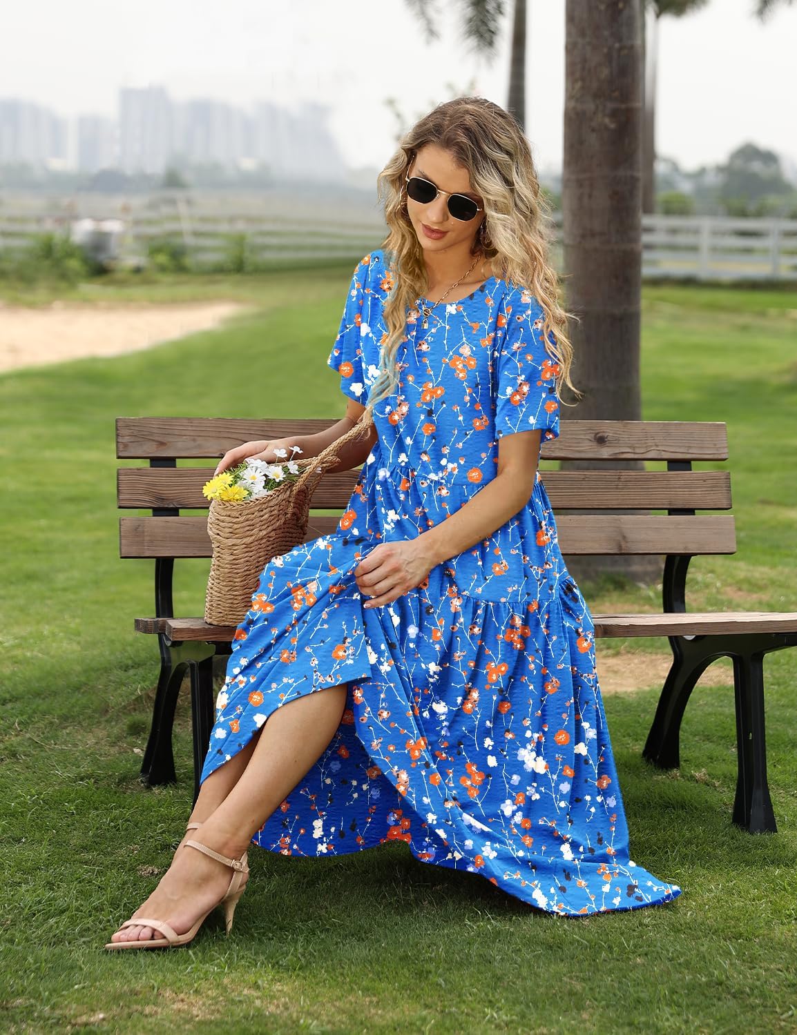YESNO Women Casual Loose Bohemian Floral Dress with Pockets Short Sleeve Long Maxi Summer Beach Swing Dress EJF