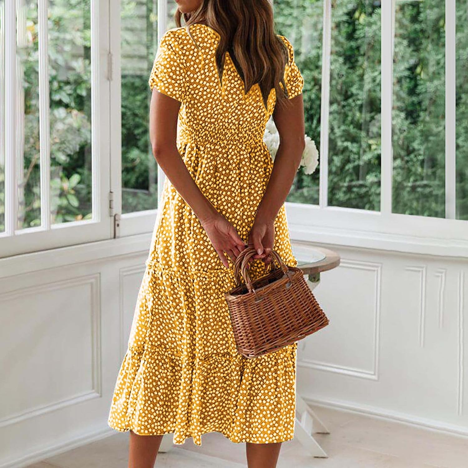 Womens Short Sleeve Dress Dress for Women Scoop Neck Chiffon Beach Hawaiian Pleated Maxi Long Dress 2025