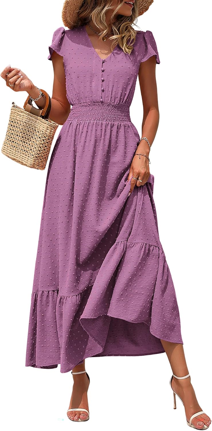 PRETTYGARDEN Womens Dresses 2025 Summer Maxi Dress Boho Short Sleeve V Neck Swiss Dot Ruffle Tiered Smocked Flowy Long Dress