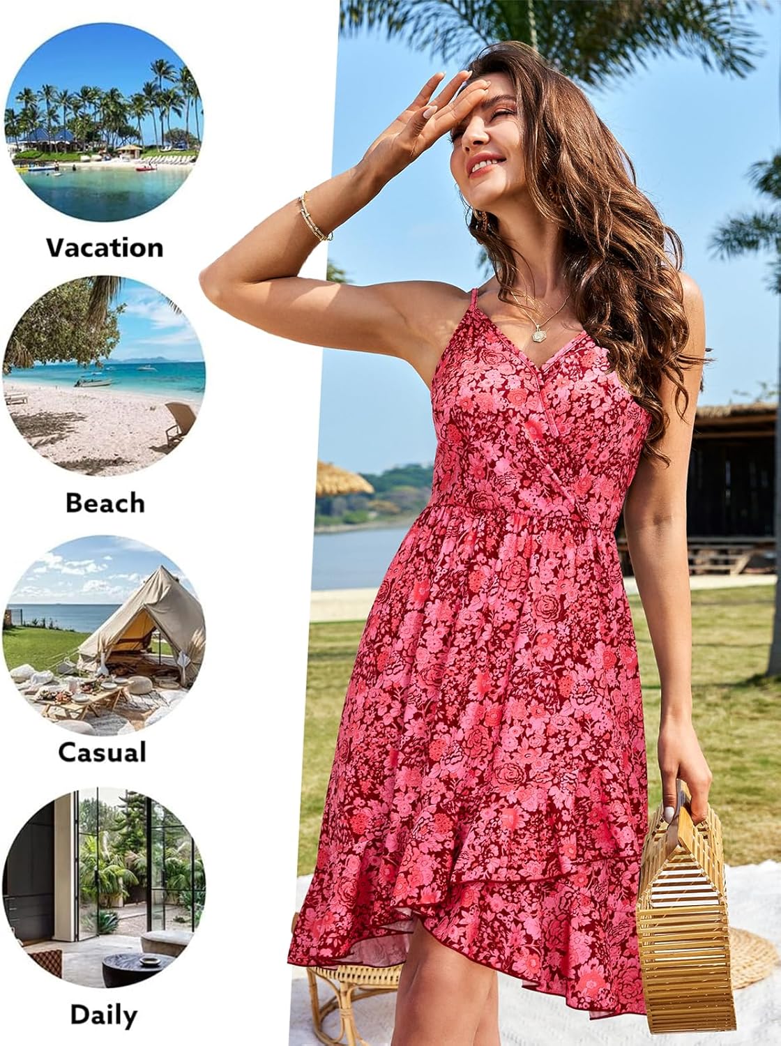 ULTRANICE Womens Summer Dresses Floral V Neck Ruffled Hem Spaghetti Spring Casual Beach Outfits Flowy Wrap Sun Dress