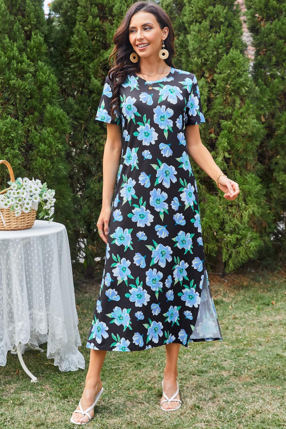 Naggoo Women's Short Sleeve Split Maxi Dress Casual Plain Tie Dye Print Tshirt Long Dresses with Pockets