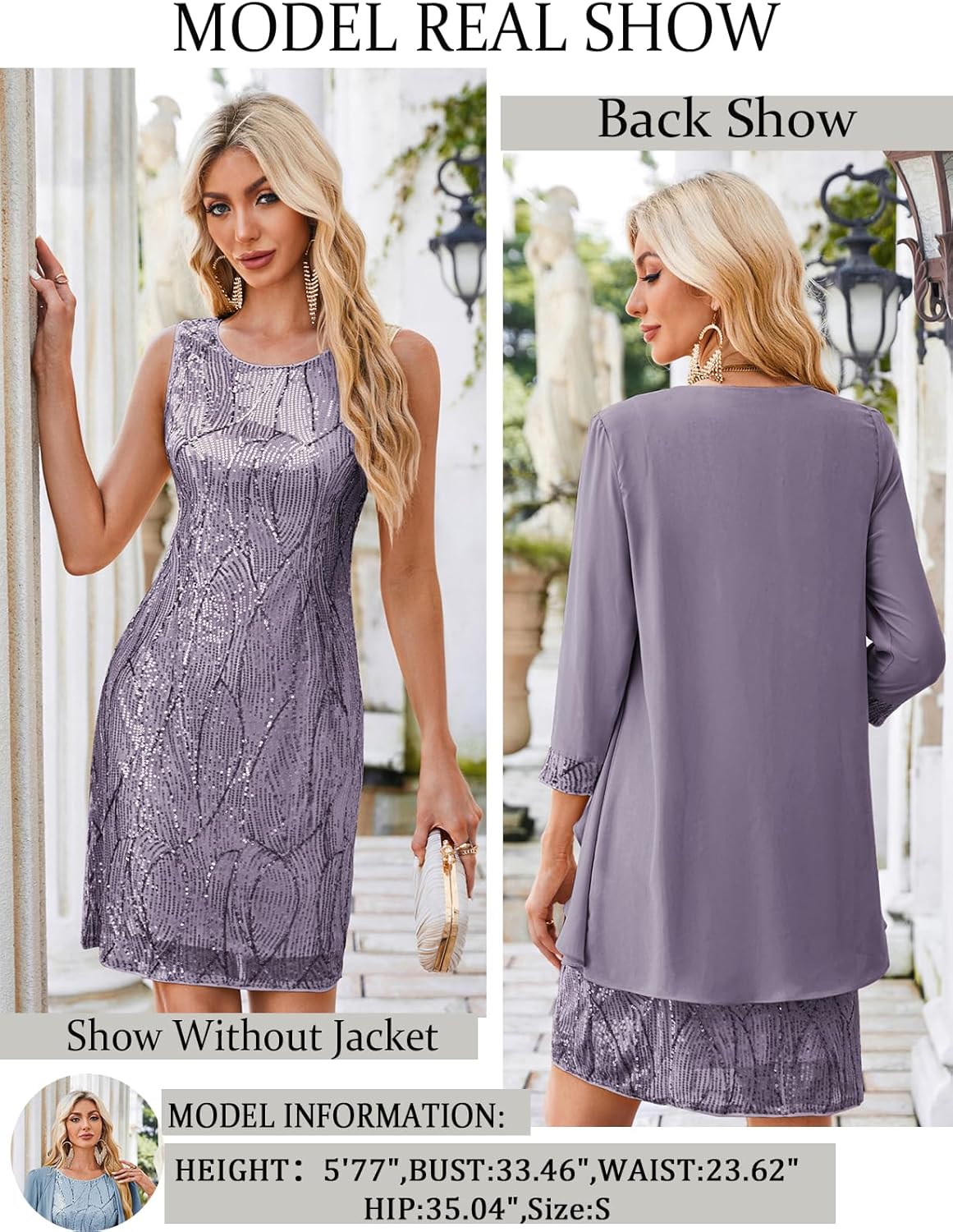 GRACE KARIN Sequin Dress for Women Knee Length Mother of the Bride Dresses Formal Dress Two Piece Dress with Chiffon Jacket