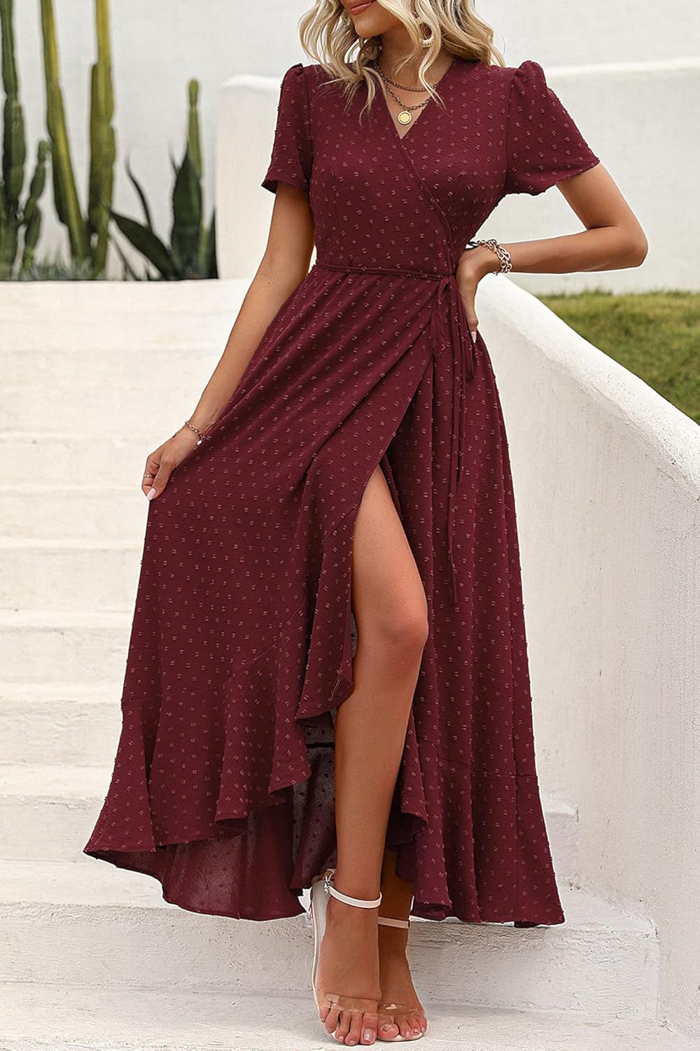 PRETTYGARDEN Women's Summer Wrap Maxi Dress Casual Short Sleeve Floral Boho V Neck Split Ruffle Beach Long Dresses