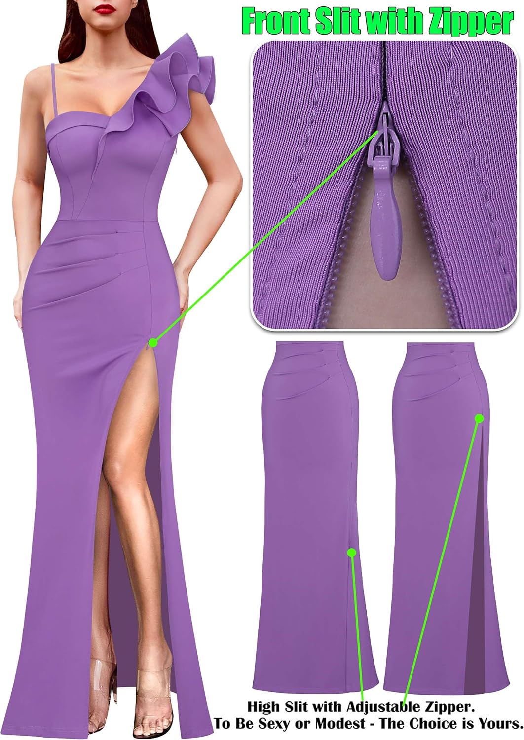 VFSHOW Womens Ruffle One Shoulder Strap Ruched Formal Prom Wedding Maxi Dress V Neck Elegant Split Cocktail Evening Long Gown