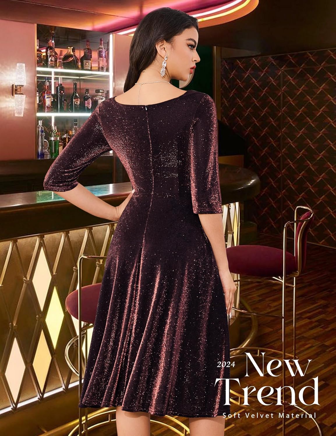 Dressystar Womens Long-Sleeve Wedding Guest Dress A-Line Lace Formal Party Cocktail Midi Dress Prom Gown