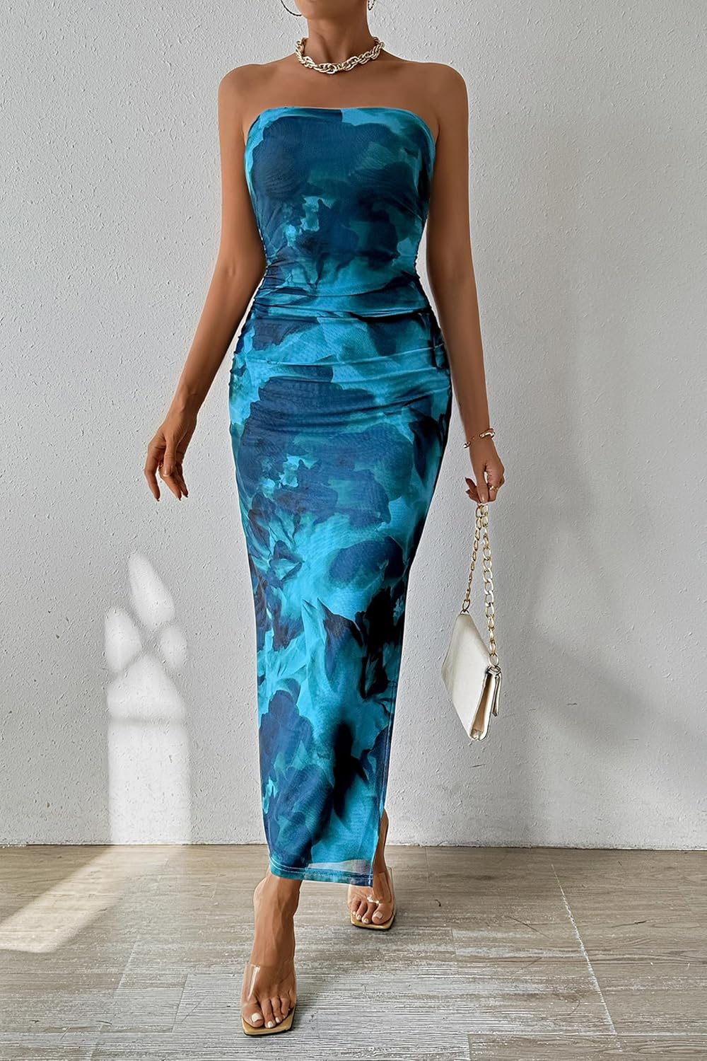 PRETTYGARDEN Women's Summer Maxi Bodycon Dresses Strapless Tube Top Printed Long Party Club Slit Dress