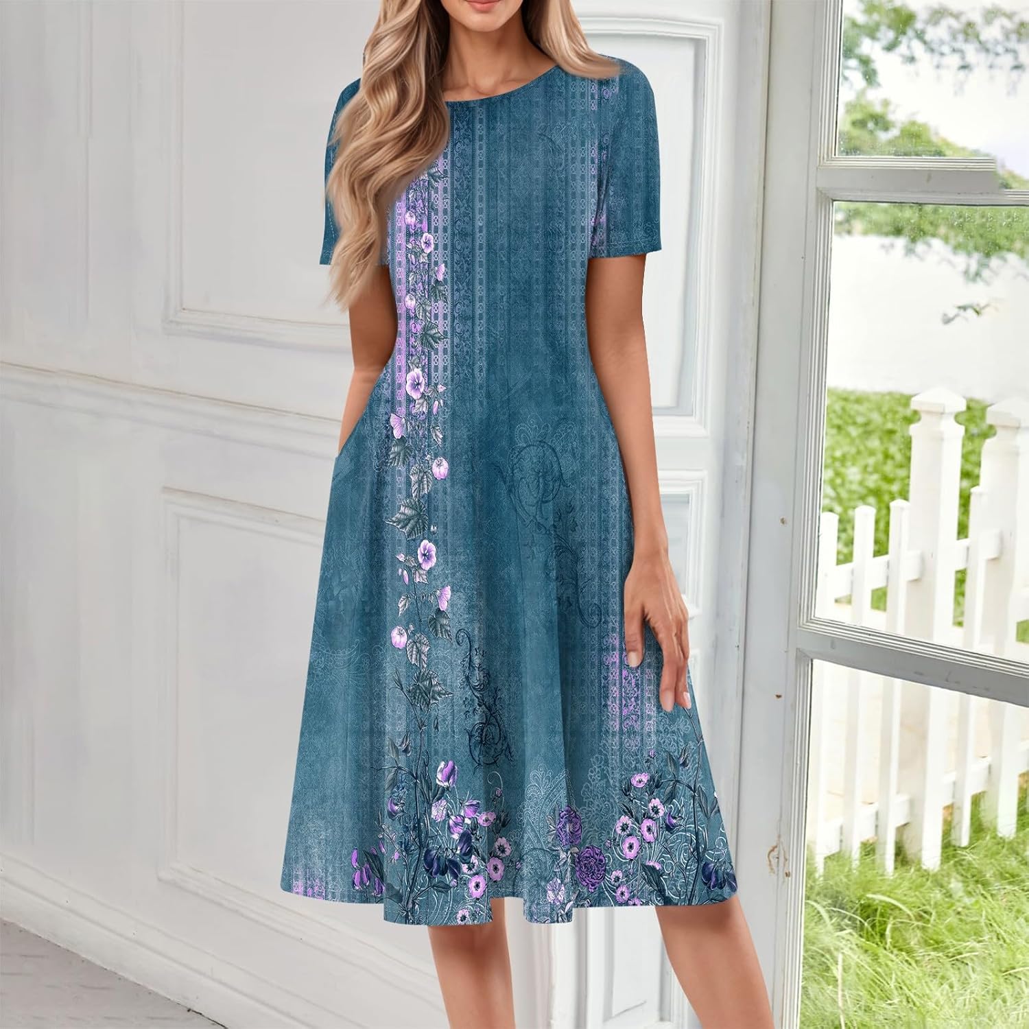 Summer Dresses for Women 2025 Crew Neck Short Sleeve Boho Beach Vacation Floral/Solid Midi Sundresses with Pockets