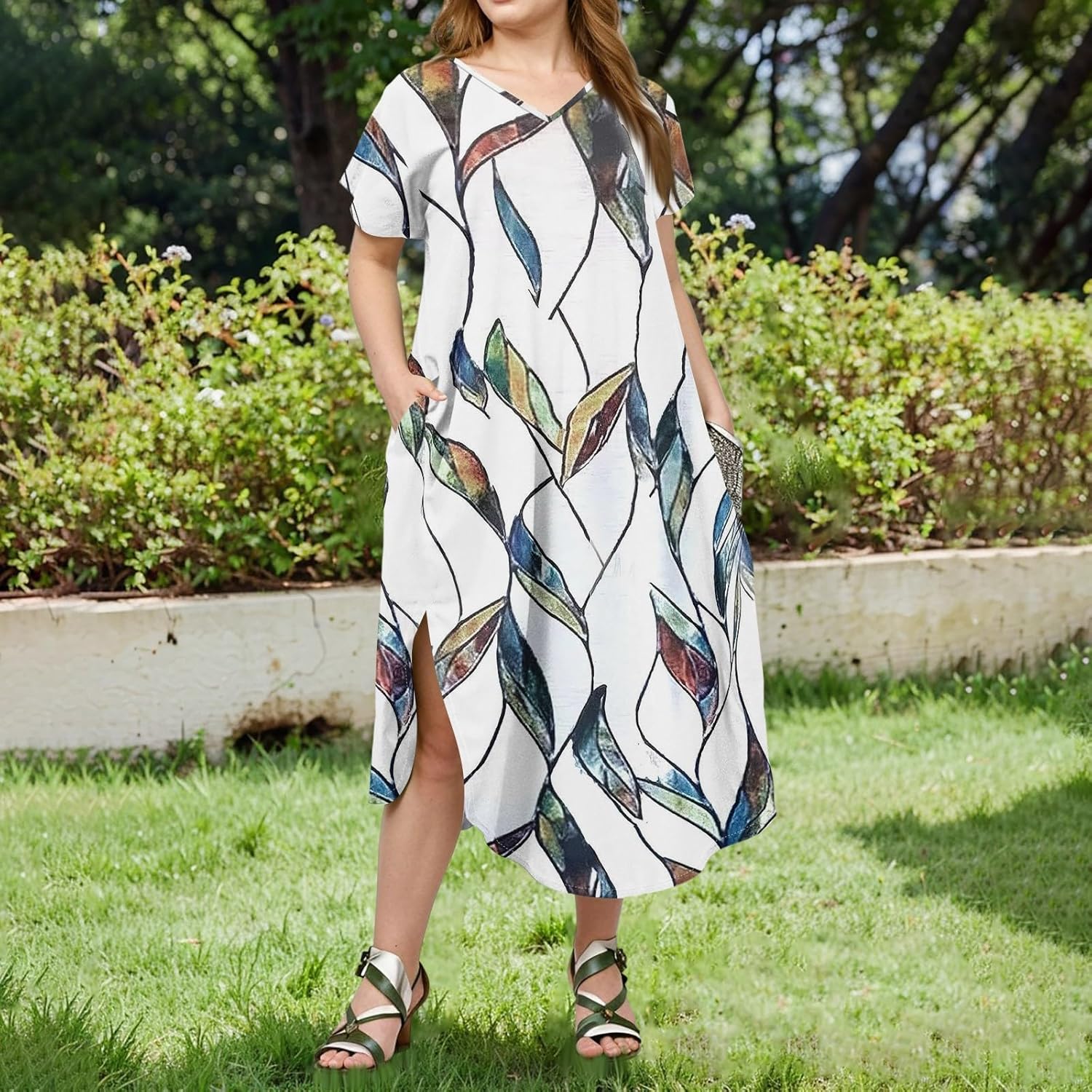 Maxi Dresses for Women 2025 Plus Size Tie Dye V Neck Dress Short Sleeve Side Split Beach Summer Sundress with Pocket