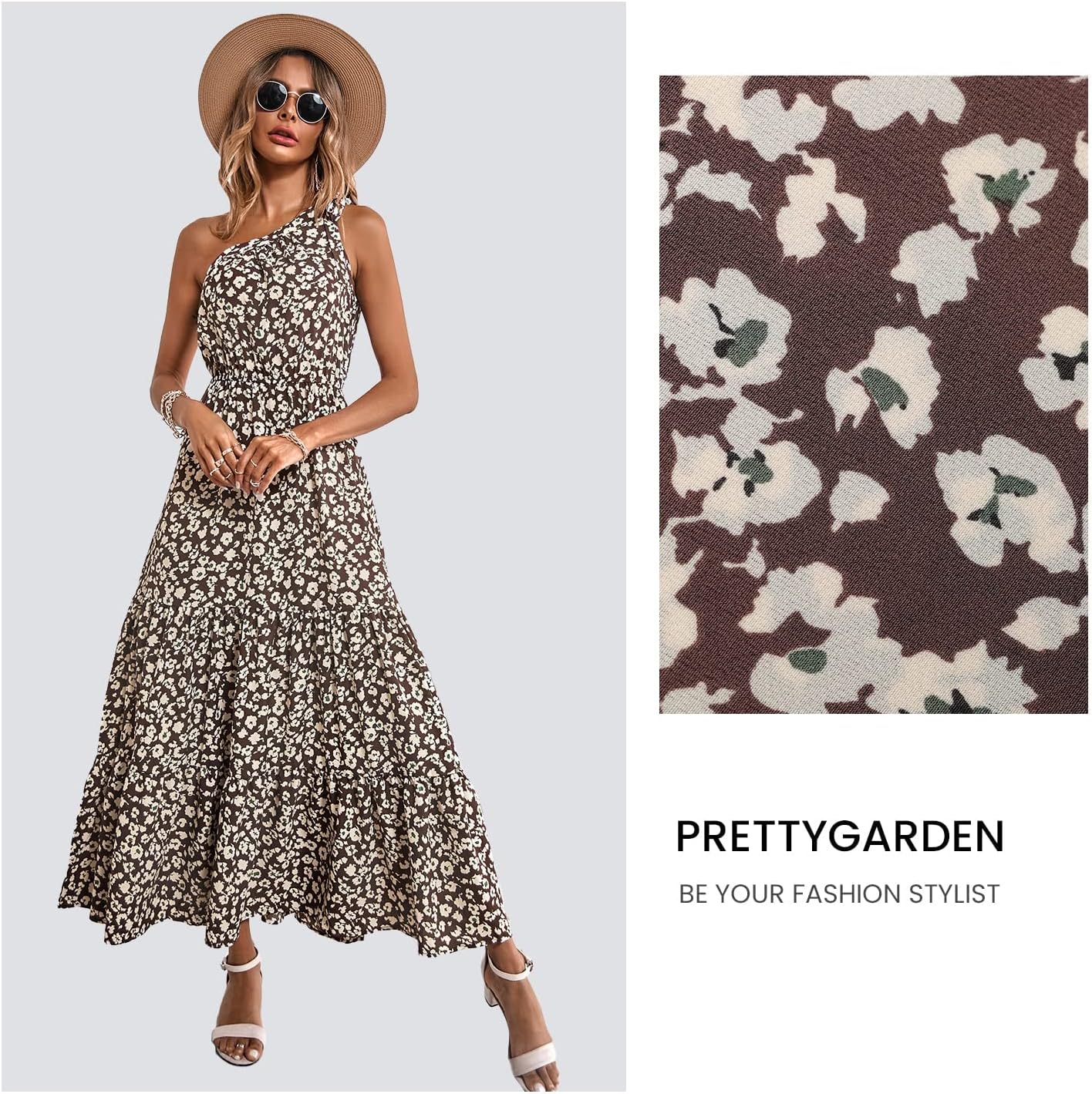 PRETTYGARDEN Women's Summer Floral Maxi Dress Knot One Shoulder Sleeveless Ruffle Flowy Boho Beach Wedding Guest Dresses