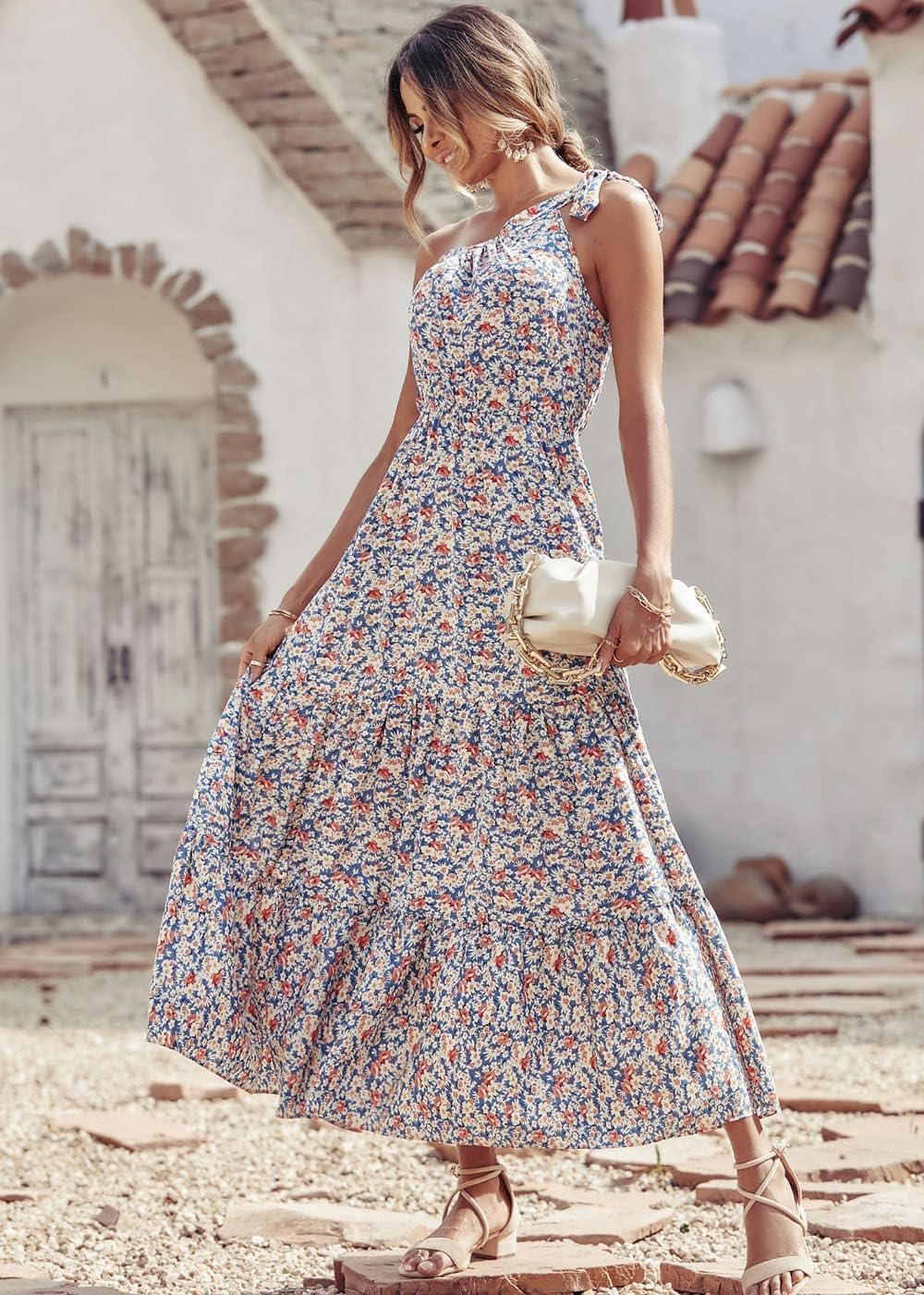 PRETTYGARDEN Women's Summer Floral Maxi Dress Knot One Shoulder Sleeveless Ruffle Flowy Boho Beach Wedding Guest Dresses