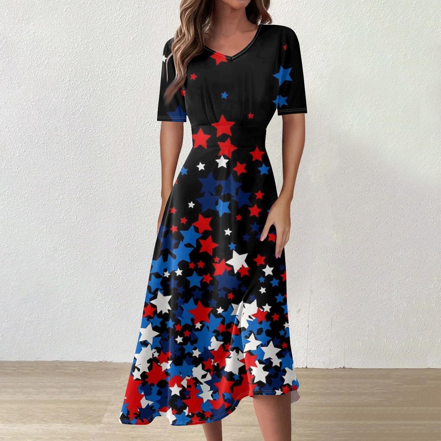 Women's Patriotic Star Print Midi Short Sleeve V-Neck Casual A-Line Dress for Summer Parties & Events