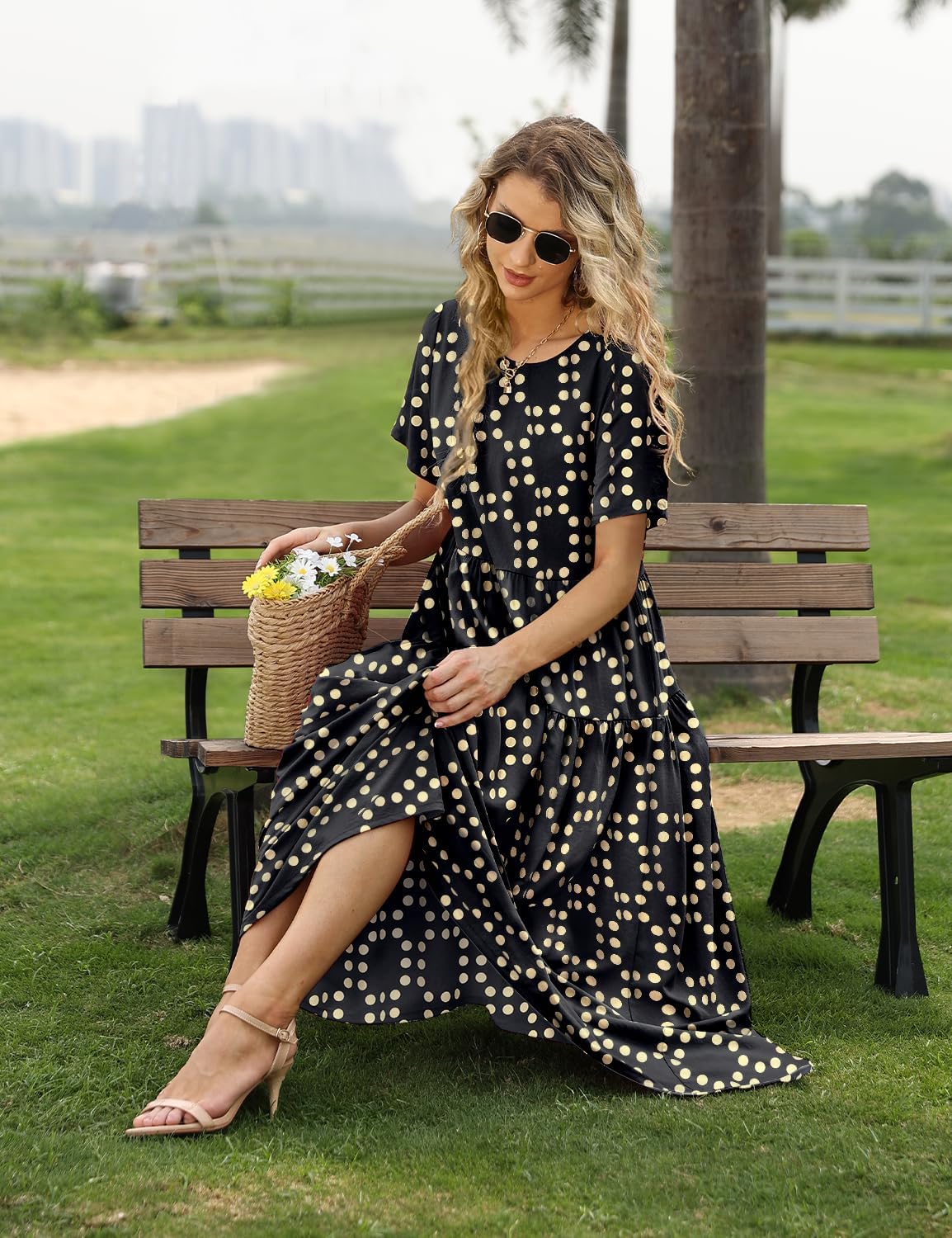 YESNO Women Casual Loose Bohemian Floral Dress with Pockets Short Sleeve Long Maxi Summer Beach Swing Dress EJF