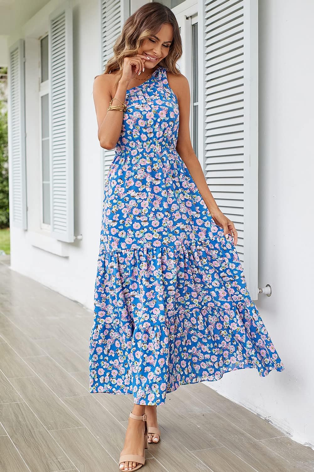 PRETTYGARDEN Women's Summer Floral Maxi Dress Knot One Shoulder Sleeveless Ruffle Flowy Boho Beach Wedding Guest Dresses