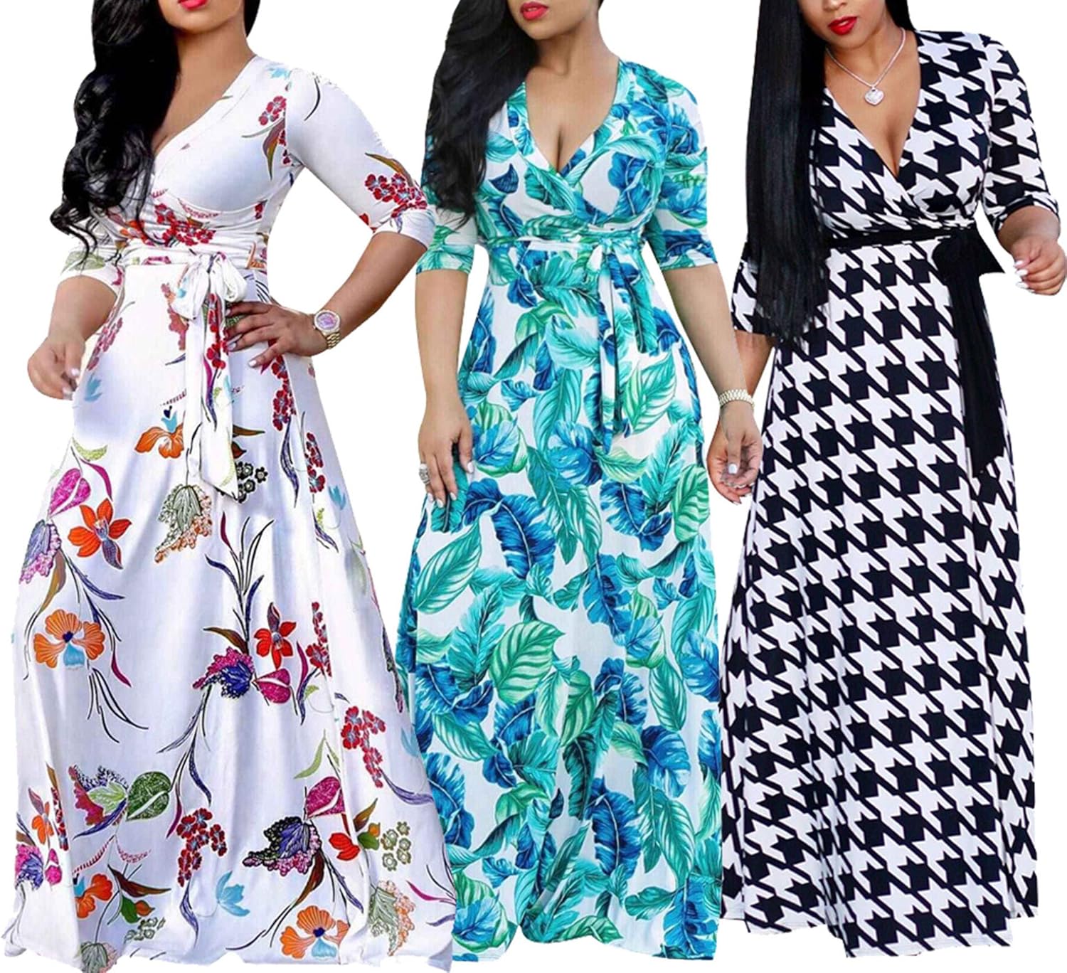 FANDEE Plus Size Maxi Dress for Women Casual Summer Sundress V-Neck 3/4 Sleeve