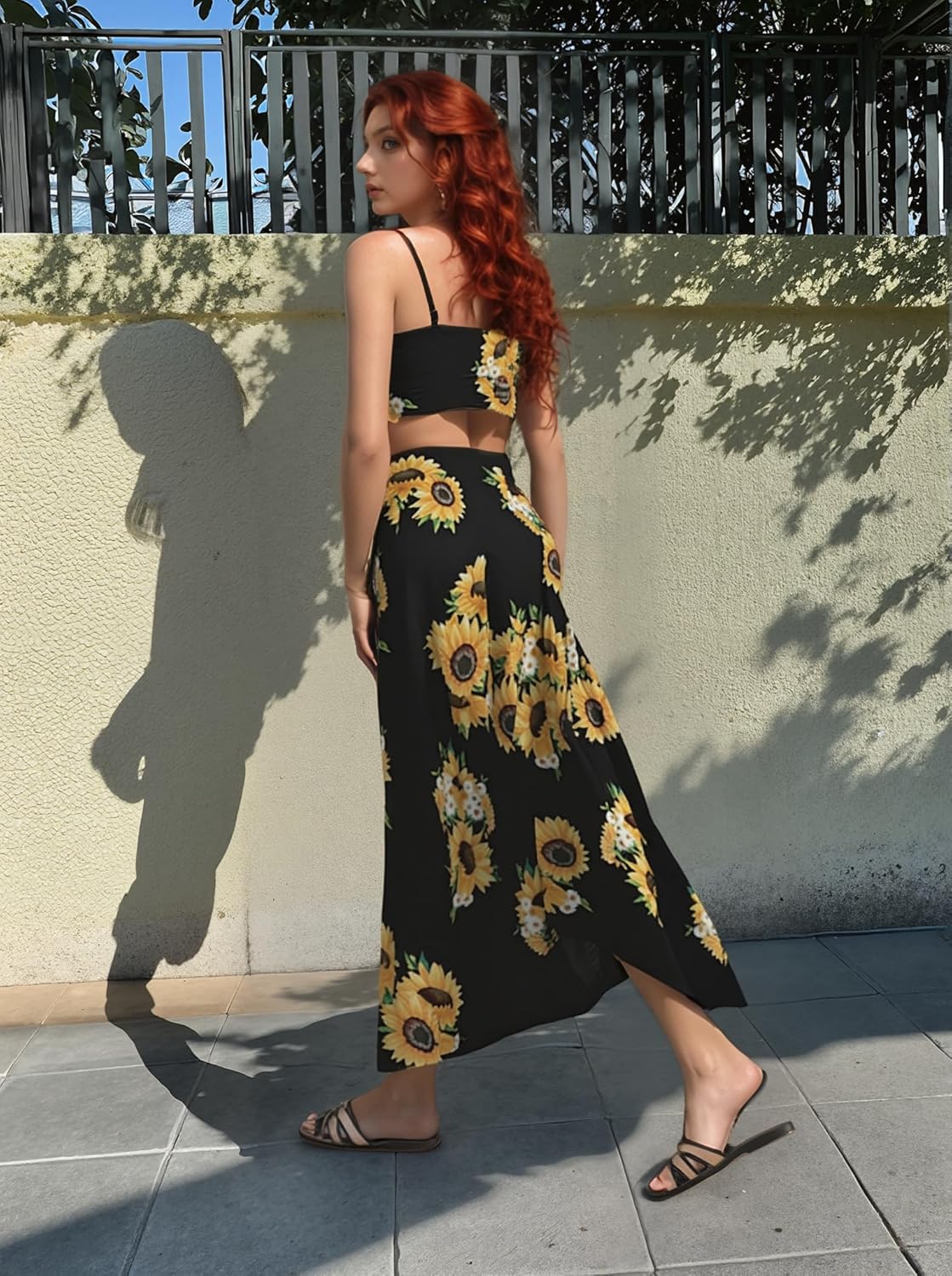 Women Sexy 2 Piece Outfits Dress Chiffon Strap Deep V Neck Bra Crop Top High Split Maxi Dresses Skirt Set