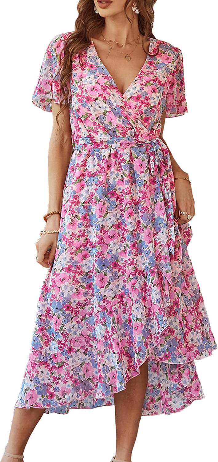 PRETTYGARDEN Women's Summer Floral Boho Dress Wrap V Neck Short Sleeve Ruffle A-Line Flowy Maxi Wedding Guest Dresses