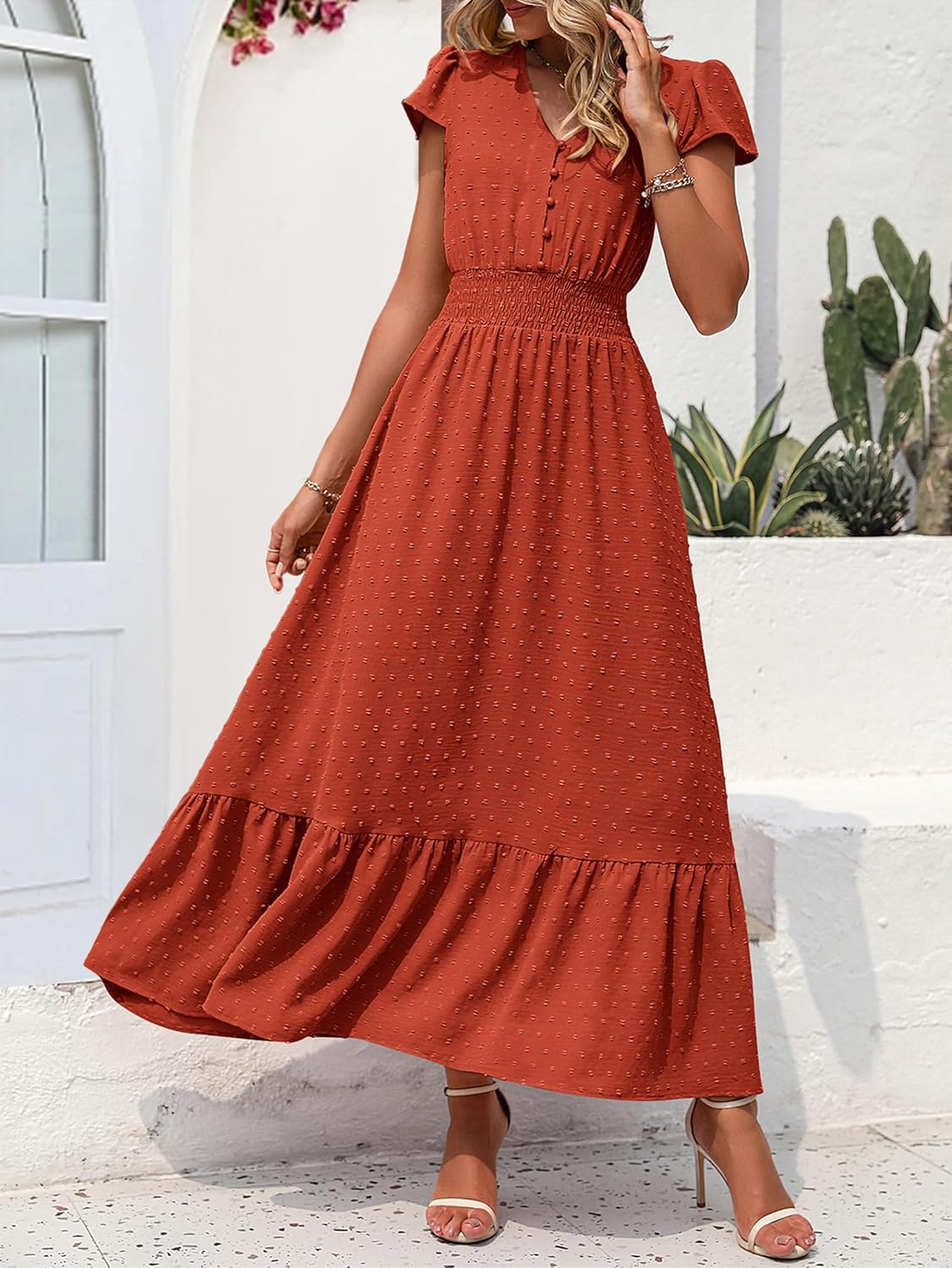 PRETTYGARDEN Womens Dresses 2025 Summer Maxi Dress Boho Short Sleeve V Neck Swiss Dot Ruffle Tiered Smocked Flowy Long Dress