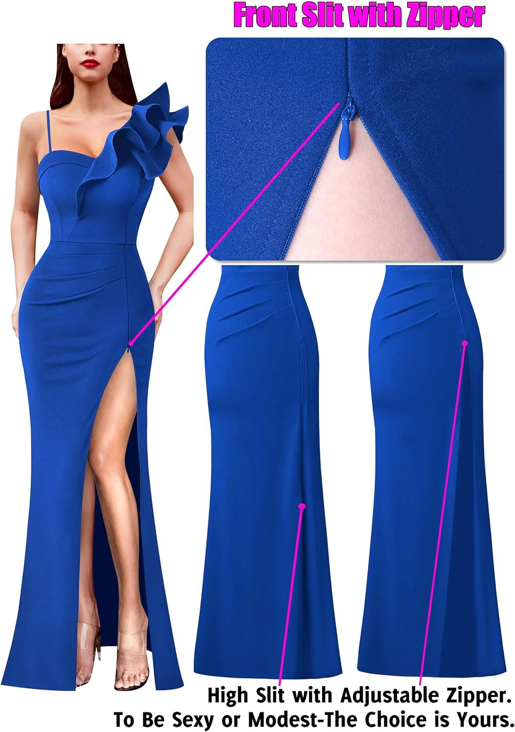 VFSHOW Womens Ruffle One Shoulder Strap Ruched Formal Prom Wedding Maxi Dress V Neck Elegant Split Cocktail Evening Long Gown