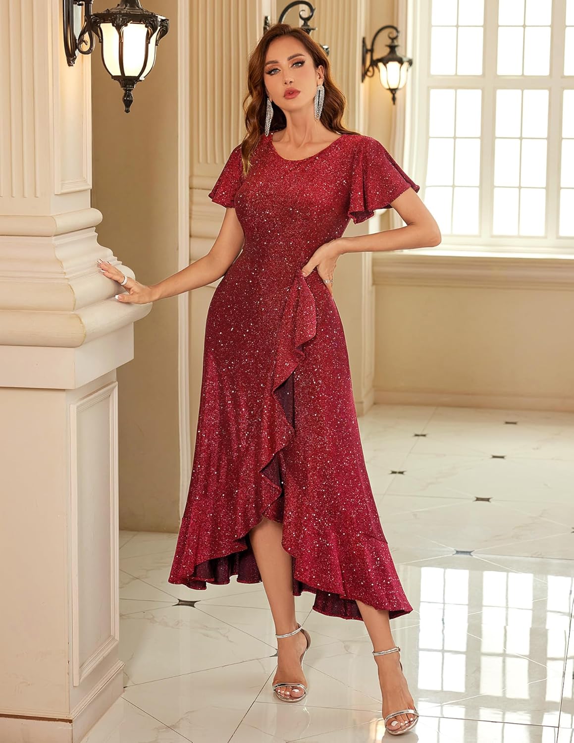 BeryLove Women Sequin Formal Party Dress Flutter Short Sleeve Wedding Cocktail Long Evening Dress