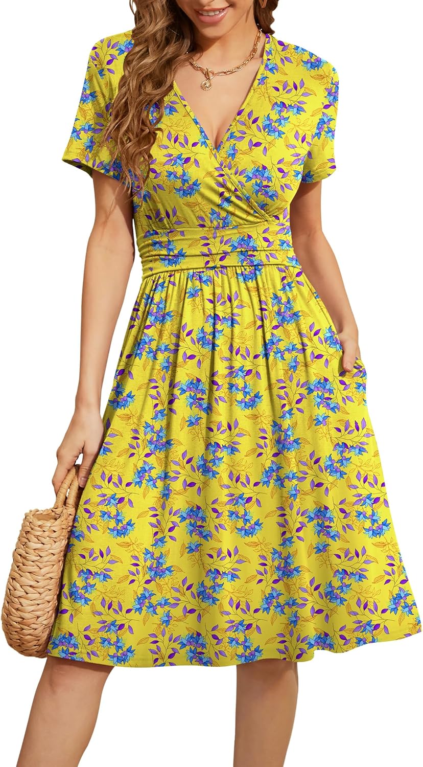 WEACZZY Women's Summer Short Sleeve Casual Dresses V-Neck Floral Party Dress with Pockets
