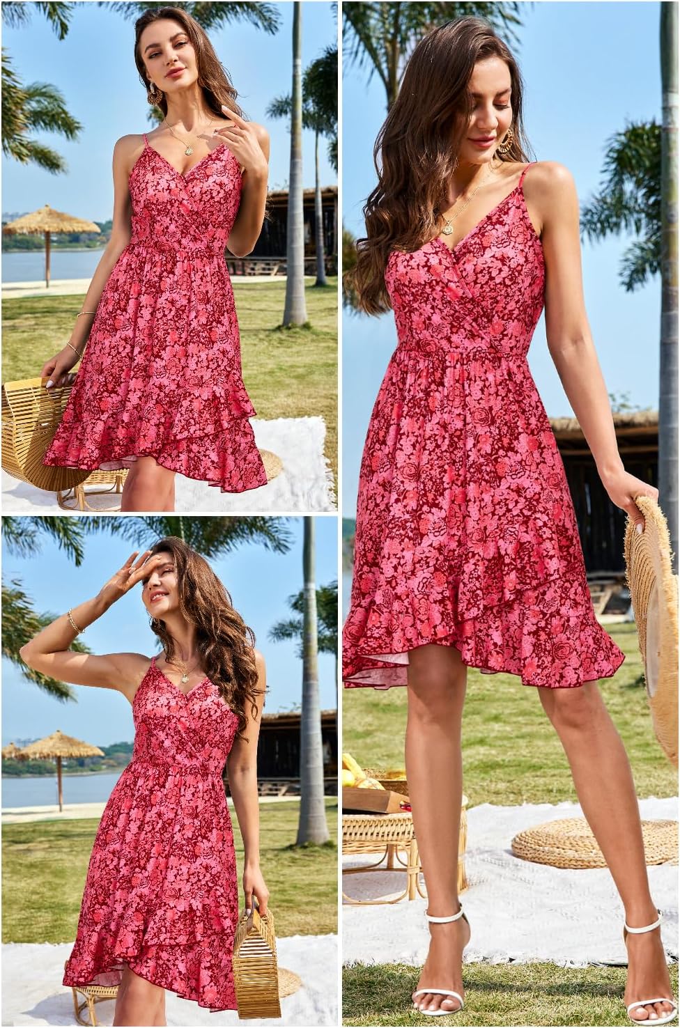 ULTRANICE Womens Summer Dresses Floral V Neck Ruffled Hem Spaghetti Spring Casual Beach Outfits Flowy Wrap Sun Dress