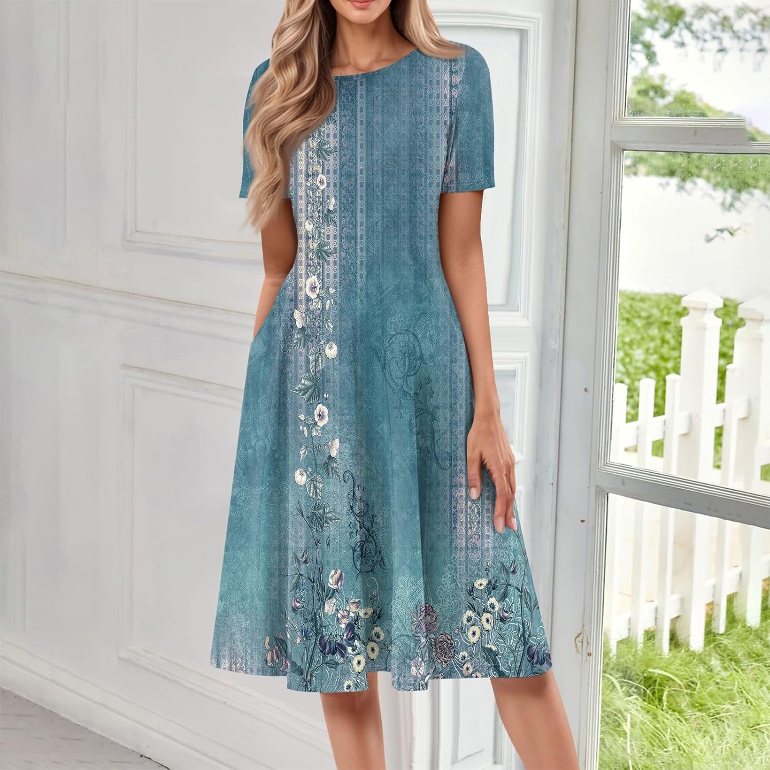 Summer Dresses for Women 2025 Crew Neck Short Sleeve Boho Beach Vacation Floral/Solid Midi Sundresses with Pockets