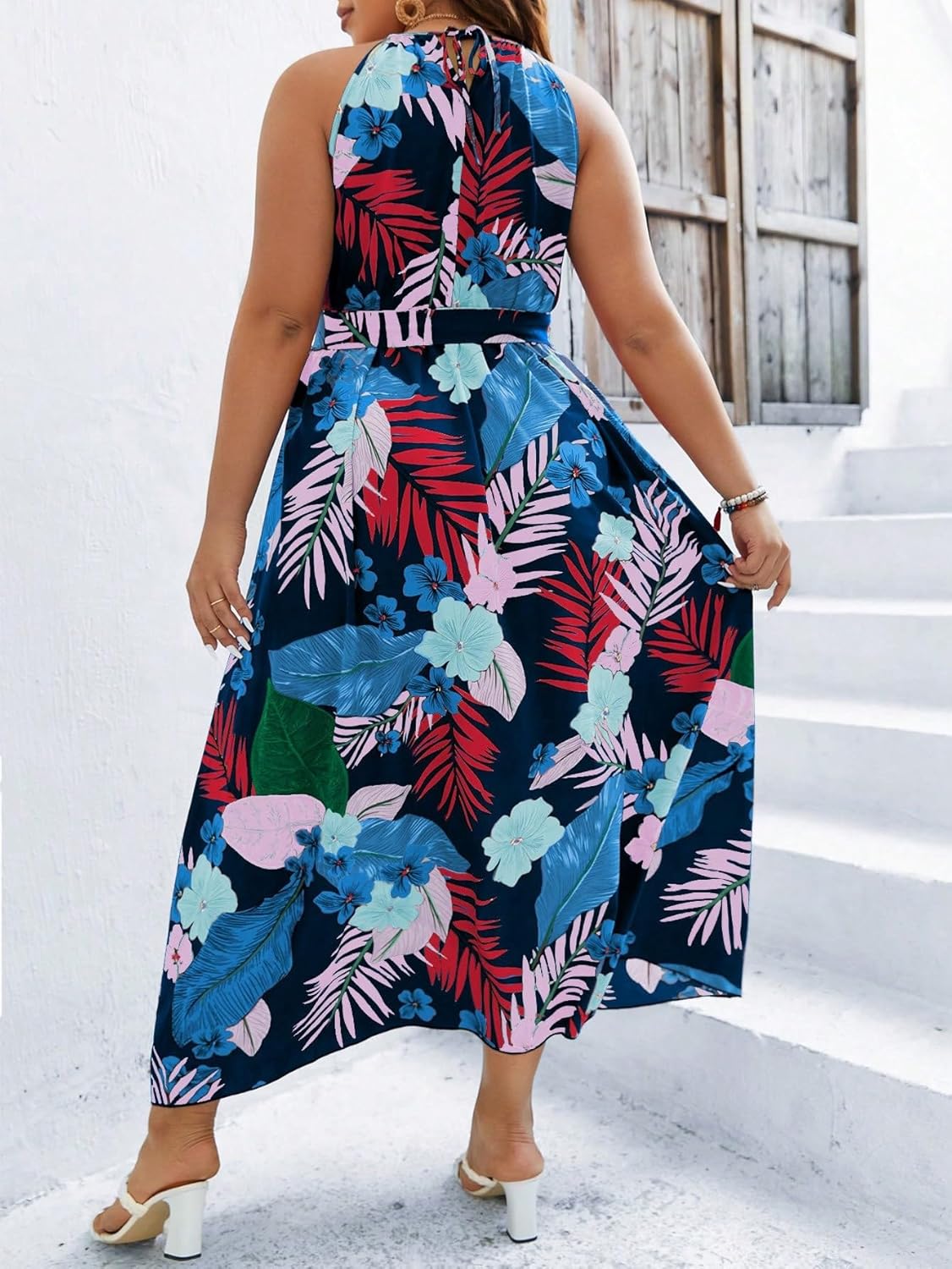 Floerns Women's Plus Size Boho Sleeveless Halter Neck Tie Back A Line Long Dress
