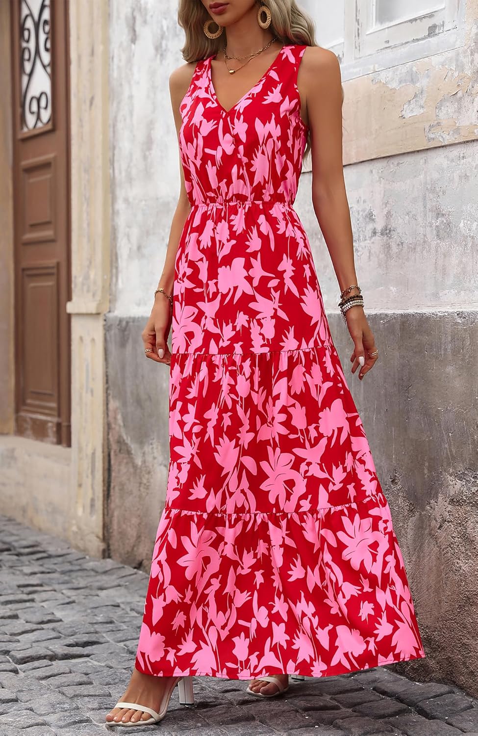 BTFBM Women Summer Dresses Casual Sleeveless Maxi Dresses Cute Floral Long Dress Wedding Guest Dress