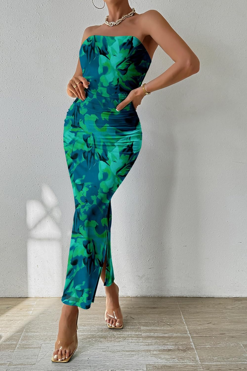 PRETTYGARDEN Women's Summer Maxi Bodycon Dresses Strapless Tube Top Printed Long Party Club Slit Dress