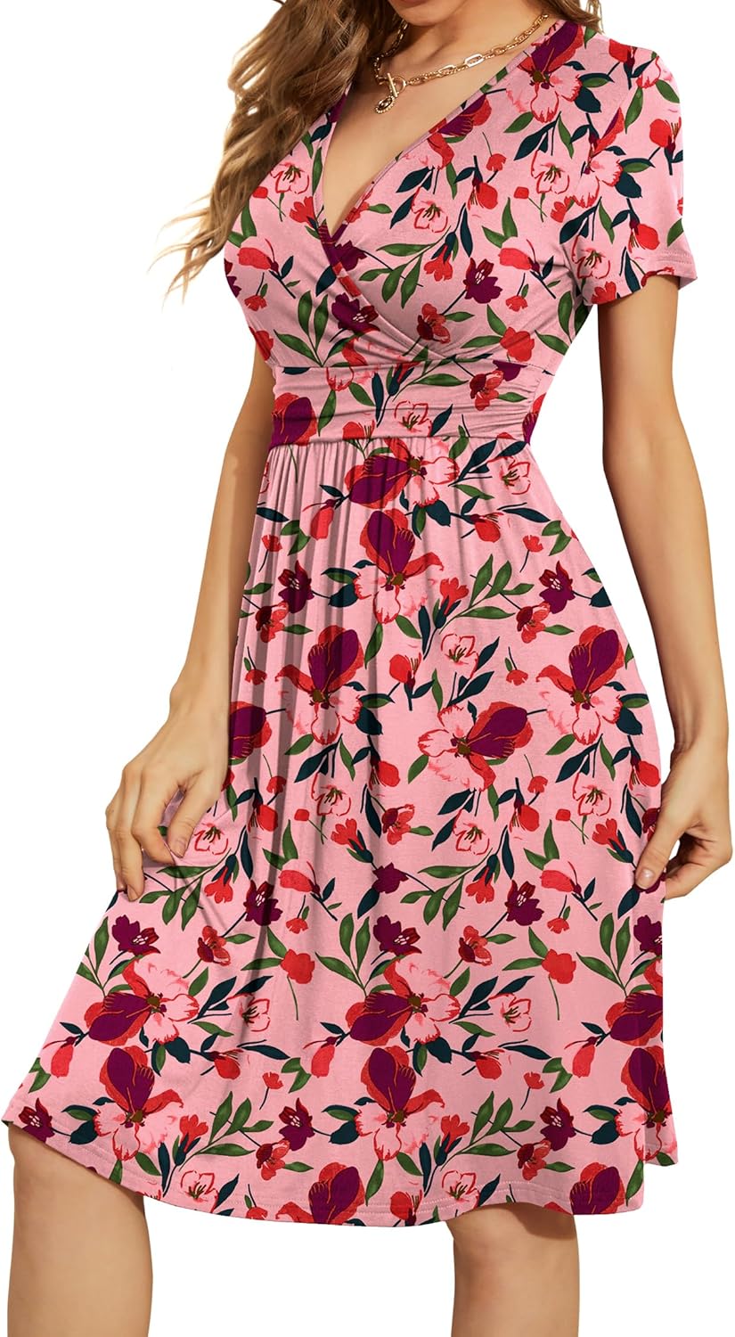 WEACZZY Women's Summer Short Sleeve Casual Dresses V-Neck Floral Party Dress with Pockets