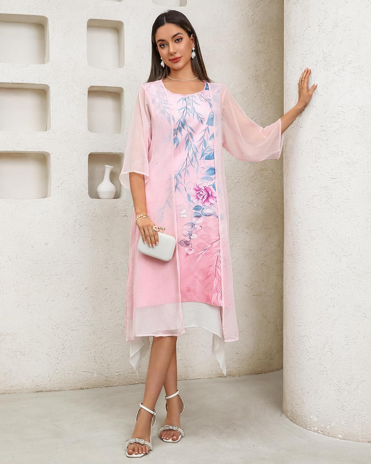 Honwenle Women's Linen Dress 2 Piece Outfit Floral Sleeveless Loose Maxi Summer Dresses with Jacket Formal Casual