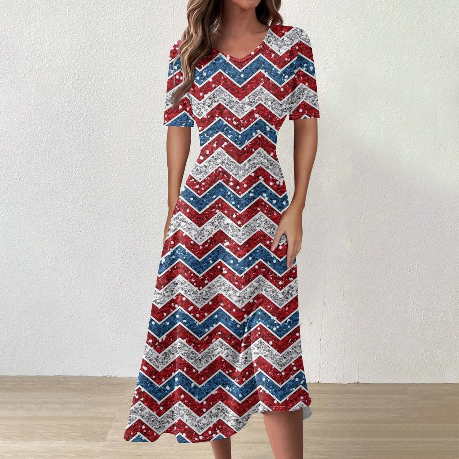 Women's Patriotic Star Print Midi Short Sleeve V-Neck Casual A-Line Dress for Summer Parties & Events