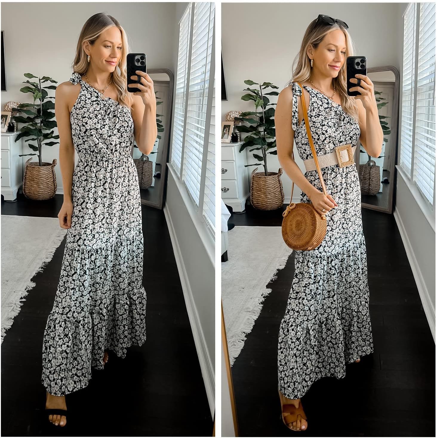 PRETTYGARDEN Women's Summer Floral Maxi Dress Knot One Shoulder Sleeveless Ruffle Flowy Boho Beach Wedding Guest Dresses