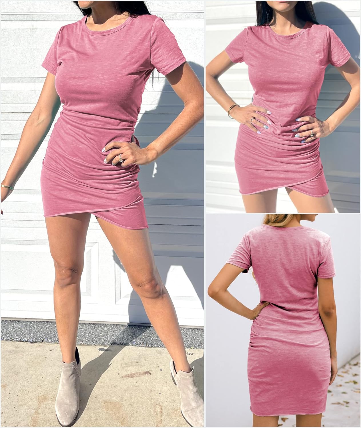 BTFBM Women's 2025 Summer Casual Beach Dresses Crew Neck Short Sleeve Wrap Party Club Mini Ruched Bodycon T Shirt Dress