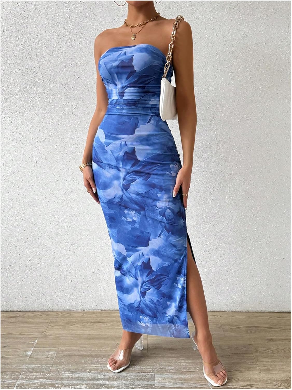 Milumia Women's Printed Strapless Tube Top Long Dress Slit Hem Sleeveless Bodycon Maxi Dresses