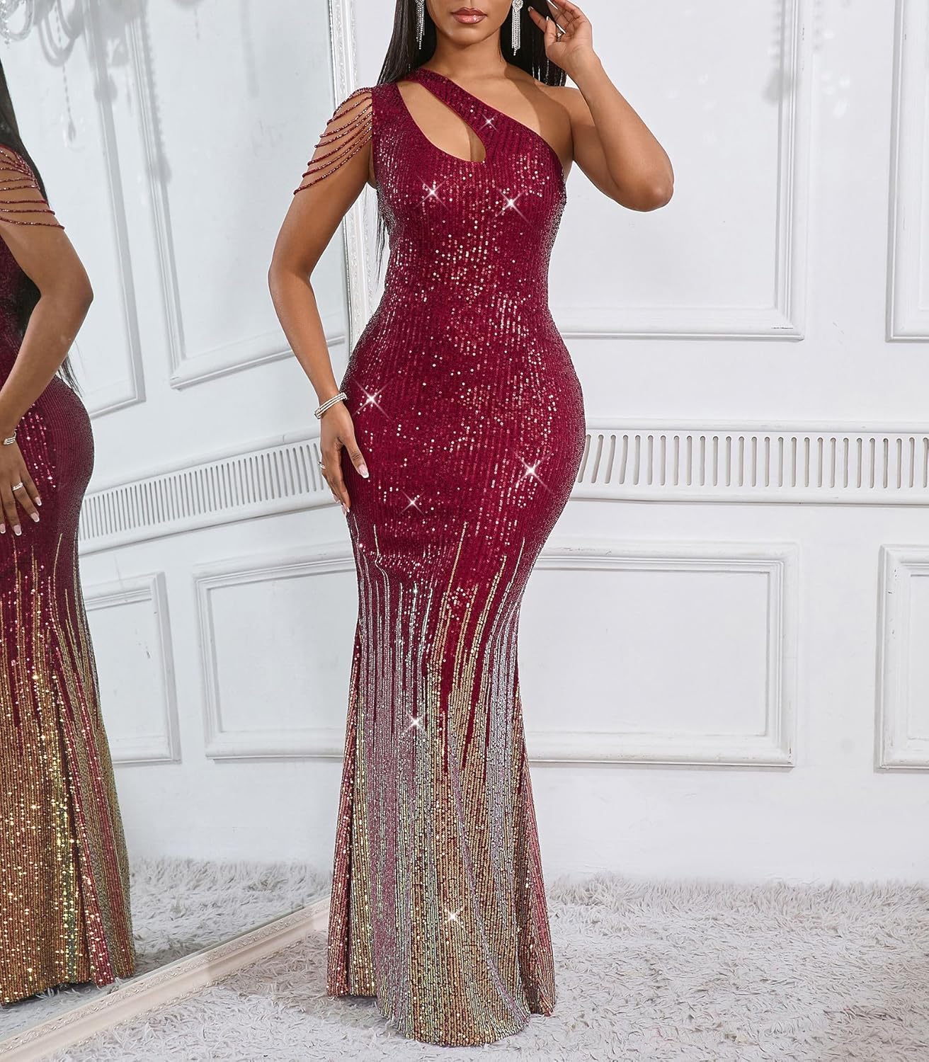 Cololura Women Sequin Elegant Sexy One Shoulder Tassel Mermaid Bodycon Cocktail Evening Dress