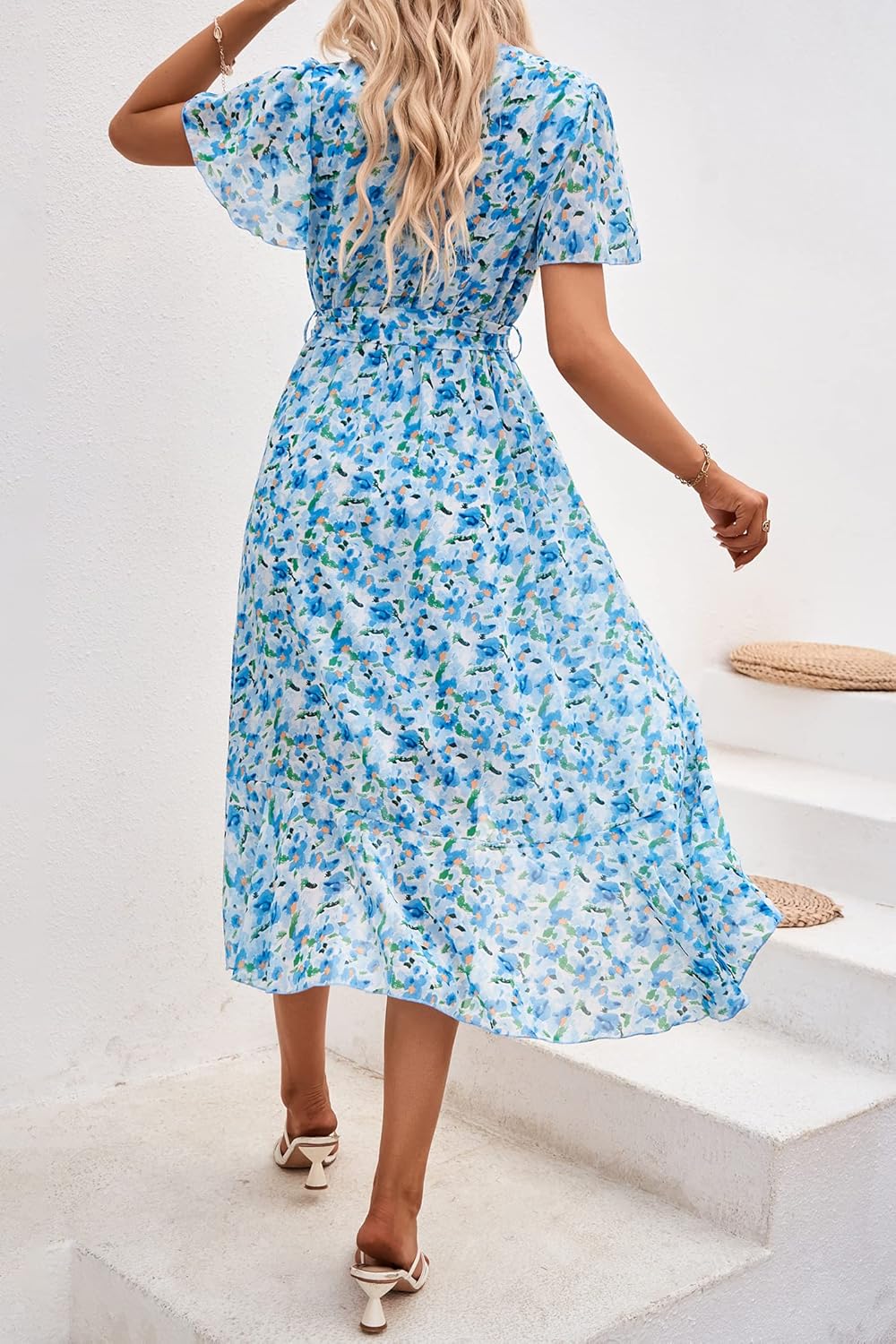 PRETTYGARDEN Women's Summer Floral Boho Dress Wrap V Neck Short Sleeve Ruffle A-Line Flowy Maxi Wedding Guest Dresses