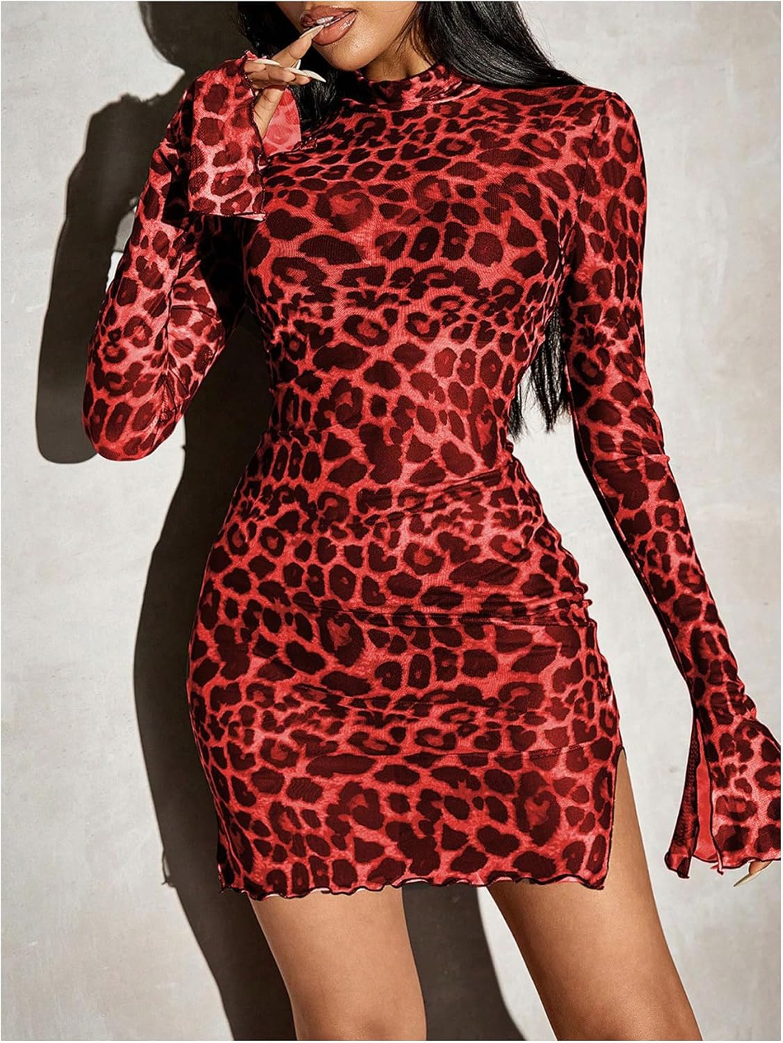 Milumia Women's Leopard Print Sheer Mesh Mini Dresses Long Bell Sleeve See Through Bodycon Dress Party Club Rave
