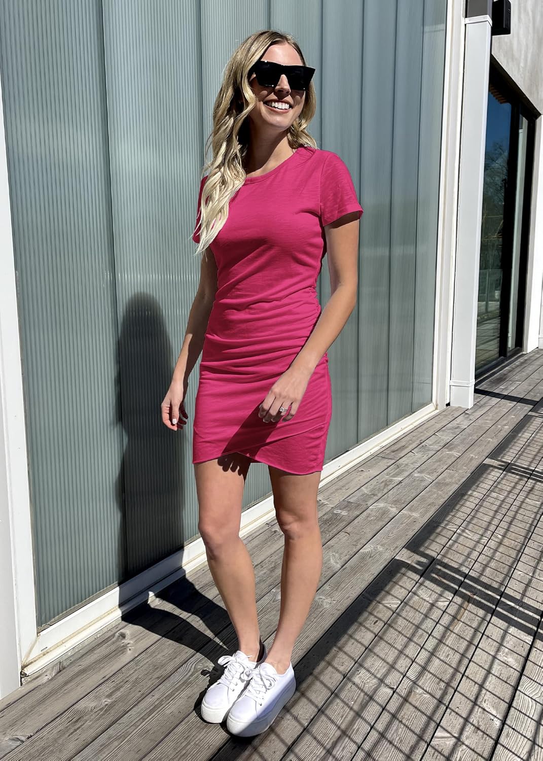 BTFBM Women's 2025 Summer Casual Beach Dresses Crew Neck Short Sleeve Wrap Party Club Mini Ruched Bodycon T Shirt Dress