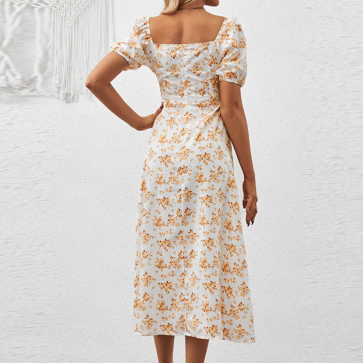 Women's Sundresses 2025 Summer Casual Loose Trendy Bubble Sleeve Square Neck Split Bow Floral Print Dress Plus Size, XS-3XL