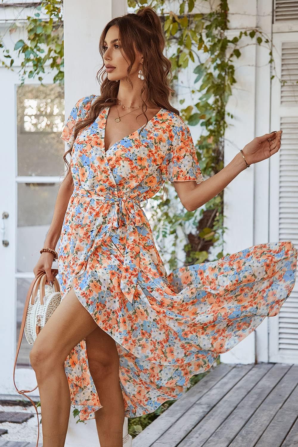 PRETTYGARDEN Women's Summer Floral Boho Dress Wrap V Neck Short Sleeve Ruffle A-Line Flowy Maxi Wedding Guest Dresses