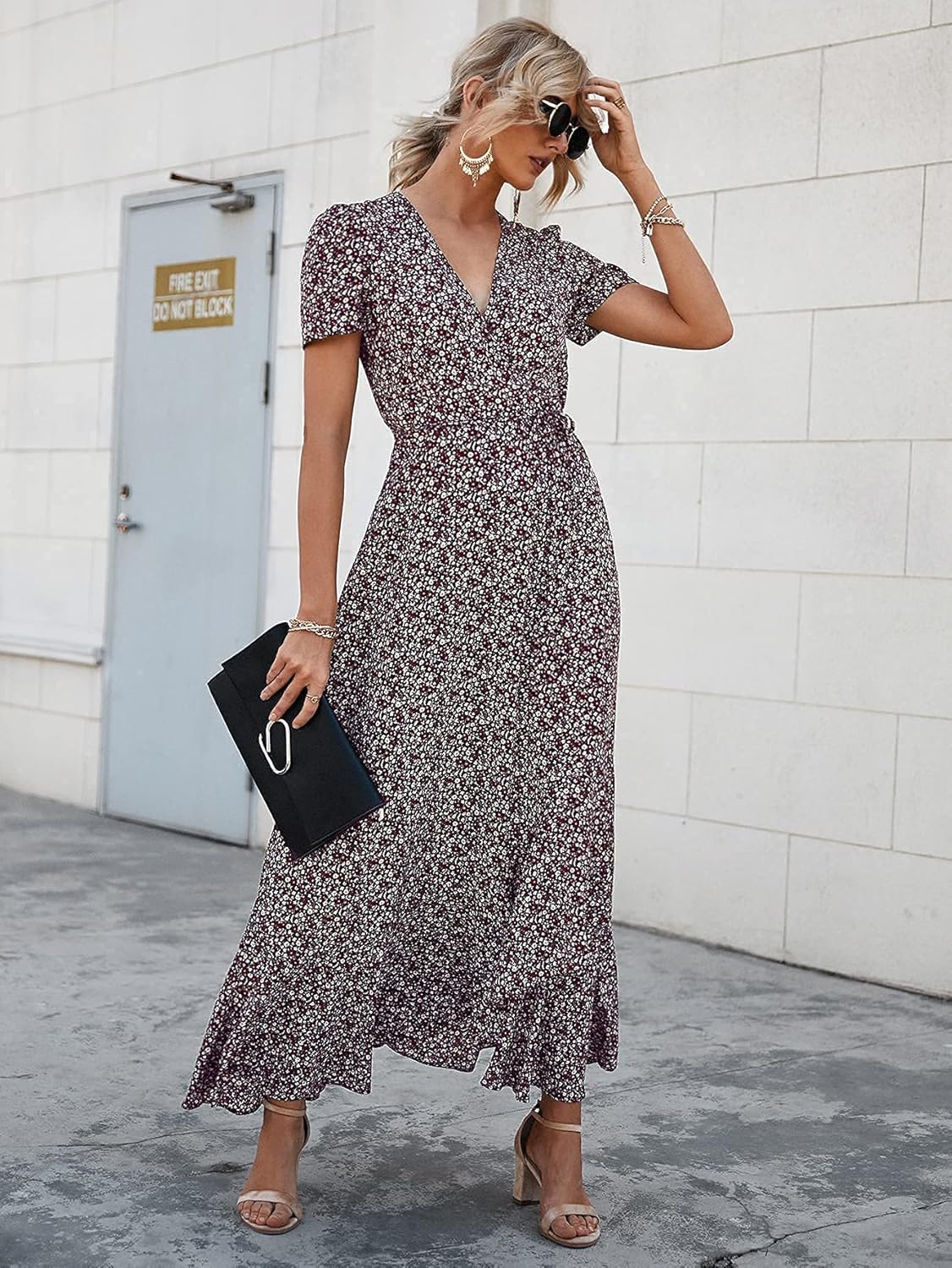 PRETTYGARDEN Women's Summer Wrap Maxi Dress Casual Short Sleeve Floral Boho V Neck Split Ruffle Beach Long Dresses